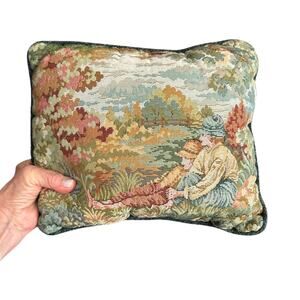 Vintage Tapestry Two Children Enjoying Nature Green Back Throw Pillow